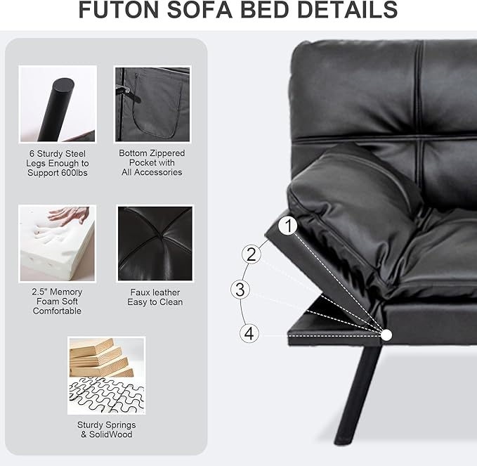Vipbear Futon Sofa Bed Couch, 71" Convertible Sofa Bed, Space-Saving Loveseat with Adjustable Backrest & Armrest for Living Room,Apartment,Office,Matte Black Sleeper Sofa