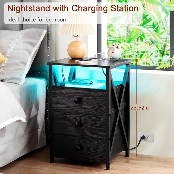 AMHANCIBLE LED Nightstand with Charging Station, Smart End Side Table with USB Port & Power Outlet, Bedside Table with Fabric Drawers for Bedroom, Living Room, Black, HET053LBK1