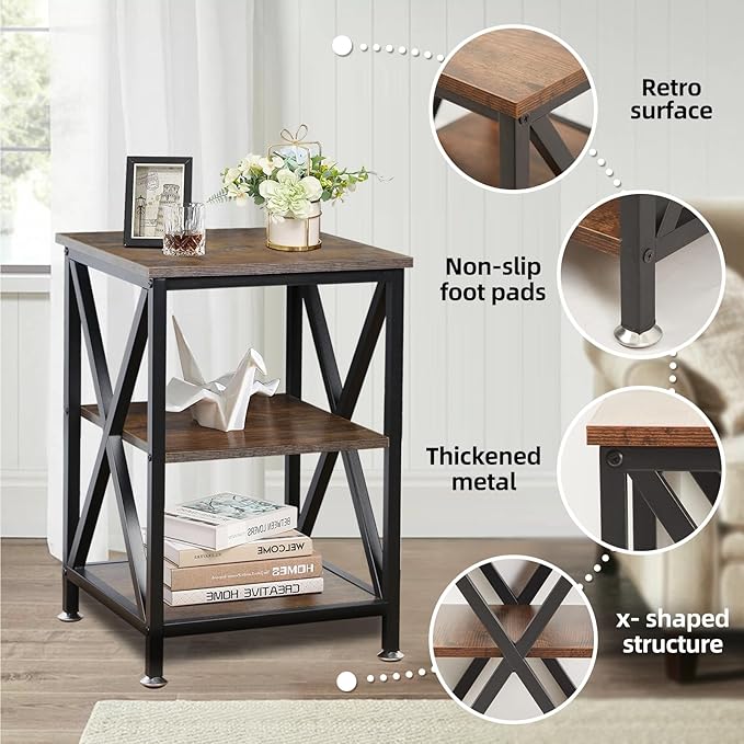 Square End Table with Storage Shelf, 16" D X 16" W X 24" H, 3-Tier End Table Living Room, Rustic Brown End Tables, X-Shaped Night Stand for Bedroom, Farmhouse Wood End Tables