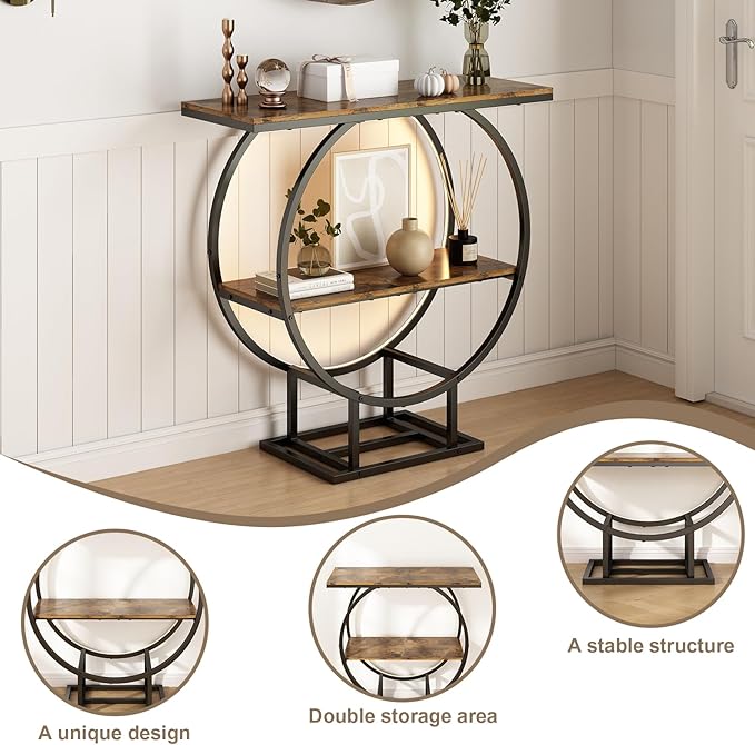 Console Tables, Entryway Table with Motion Sensor Light, 30" Height Behind Couch Sofa Table, Industrial Furniture, Hallway Table for Living Room, Entrance, O-Shaped Metal Frame, Rustic Brown