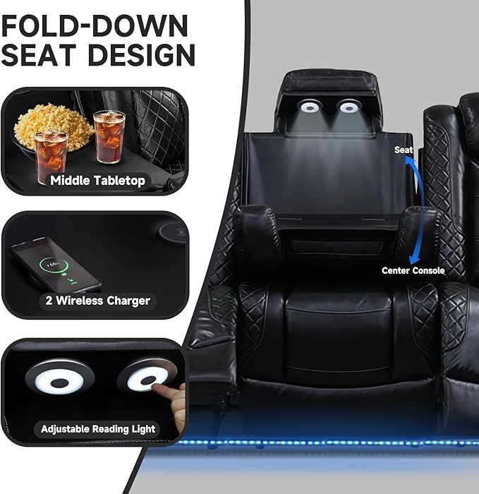 PU Leather Power Wall Hugger Chair Double Reclining Sectional Sofa 3-Seater Loveseat Couch with Reversible Coffee Table, Wireless Chargers, USB Port, Cup Holders, Storage Armrest, Ambient LED Light