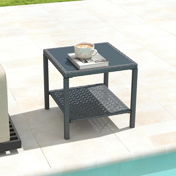 Helios&Hestia Square All Weather Rattan Wicker Outdoor Coffee Side End Table with Glass Top for Patio, Deck, Backyard, Garden, Grey