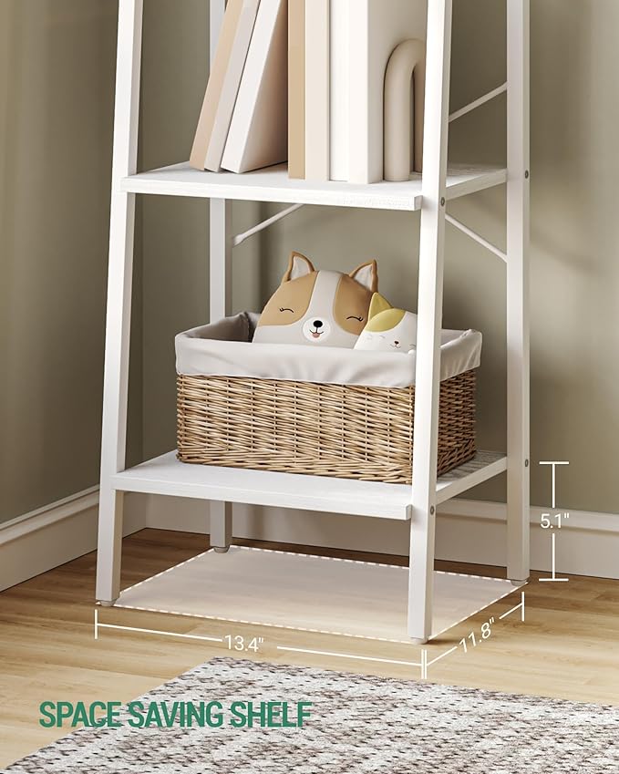 Ladder Shelf, Bookshelf Bookcase, Freestanding Corner Storage Shelve with 2 Hooks for Home Office, Living Room, Kitchen, Bedroom, Industrial, 5-Tier White BC03213W