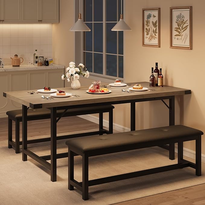 GarveeHome Dining Table Set for 4-6, 63" Extendable Wood Dining Room Table with Corner Protector & 2 Upholstered Benches, Kitchen Table Set for Apartment, Small Space, Easy Assembly,Retro Gray