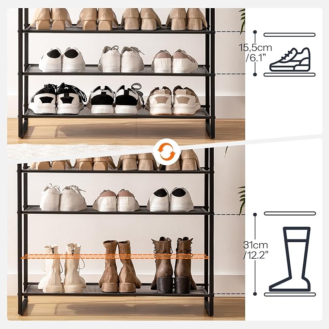 HOOBRO Shoe Rack, 12-Tier Shoe Storage Organizer, Large Capacity Shoe Shelf for Front Door Entrance, Entryway, Closet, Holds 36-48 Pairs of Shoes, Closet, Greige and Black BG127XJ01