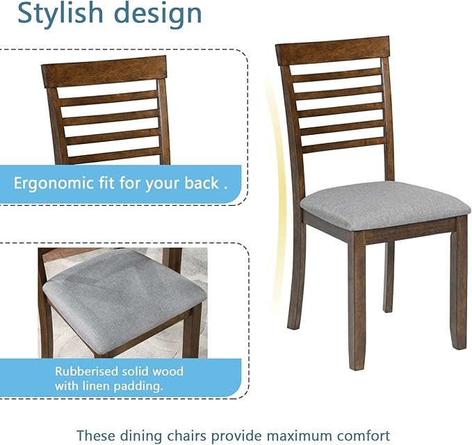 KEIKI 5-Piece Standard Height Dining Table Set with Rectangular Table and 4 Upholstered Ladder Backrset Chair, for 4 Person, Modern Wooden Table Set, Easy Assembly, for Kitchen, Dining Room, Walnut