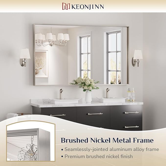 Keonjinn 72 x 36 in Brushed Nickel Mirror for Bathroom Sink, Rectangular Metal Framed Vanity Wall Mirror Square Corner Aluminum Alloy Modern Rectangle Silver Mirror for Over Sink(Horizontal/Vertical)
