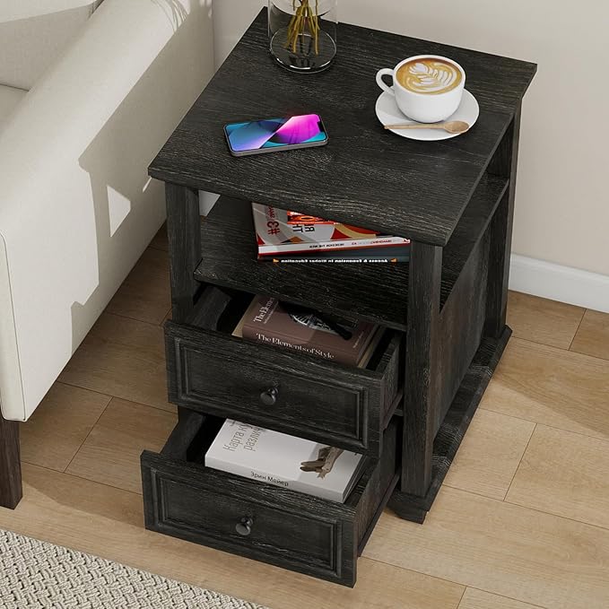 Vipbear Farmhouse Nightstand 18" Dark Gray End Table with Charging Station & 2 Drawers, Rustic Bedside Table with Storage Shelf for Bedroom, Living Room,18.1" D x 18.1" W x 24.2" H