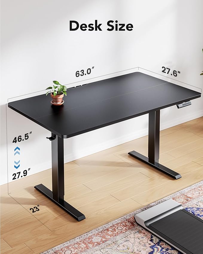 HUANUO 63" x 28" Electric Standing Desk Adjustable Height, 4 Memory Height Settings, Headphone Hook, Cable Manager, Sit Stand Up Desk for Home Office & Computer Workstation, Black