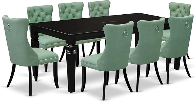 East West Furniture LGDA9-BLK-22 9 Piece Dining Set Includes a Rectangle Kitchen Table with Butterfly Leaf and 8 Polyester Fabric Parson Chairs, 42x84 Inch, Black