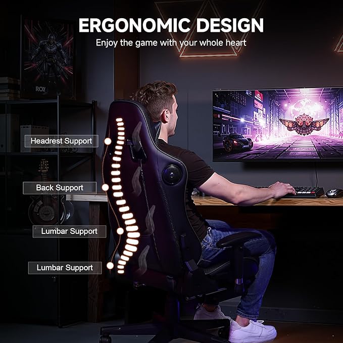 GTPLAYER Gaming Chair with Bluetooth Speakers and Footrest, Ergonomic Gamer Chair with Reclining Backrest, 3D Armrests, Adjustable Seat Height, Computer Desk Chair for Adults (Black)