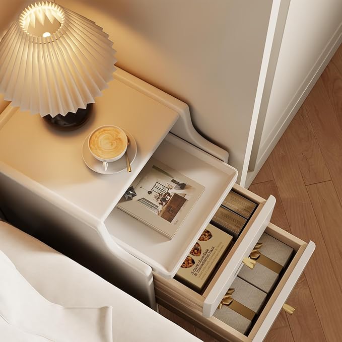 Wood Nightstand, White Nightstand with 2 Drawers, Bedside Table for Bedroom