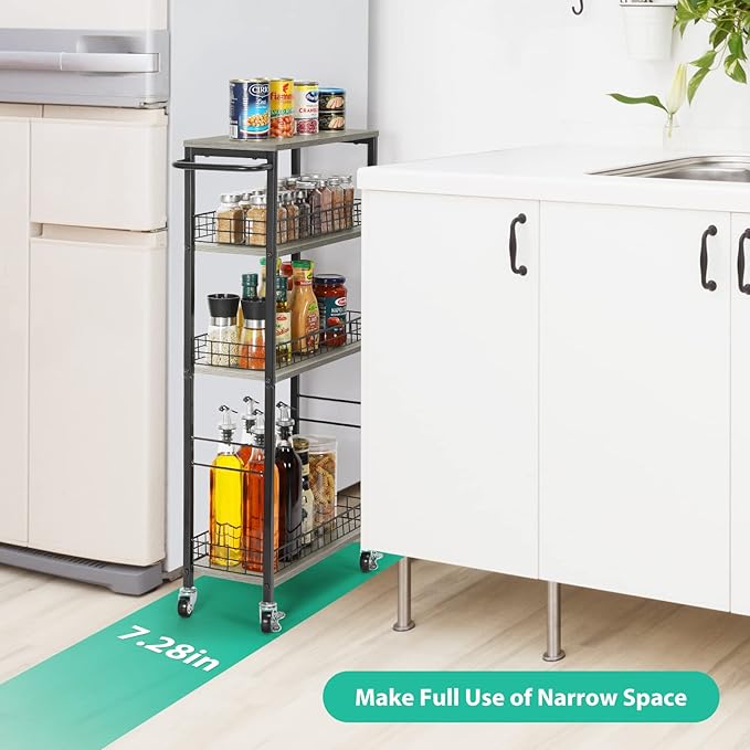YBING Slim Storage Cart 4 Tier Narrow Rolling Cart on Wheels Mobile Kitchen Narrow Cart with Wooden Tabletop Grey Slim Utility Kitchen Storage Cart with Handle for Living Room 7.3''Wide
