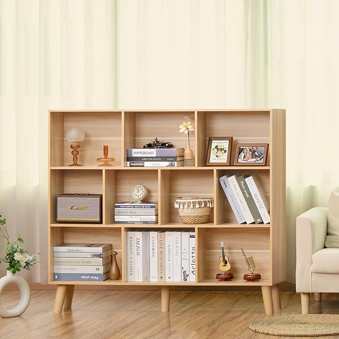 LEYAOYAO 10 Cube Bookshelf,3 Tier Modern Wide Bookcase with Legs,Mid-Century Wood Bookshelves Storage,Natural Large Book Case,Freestanding Organizer Display Shelf for Bedroom,Living Room,Office