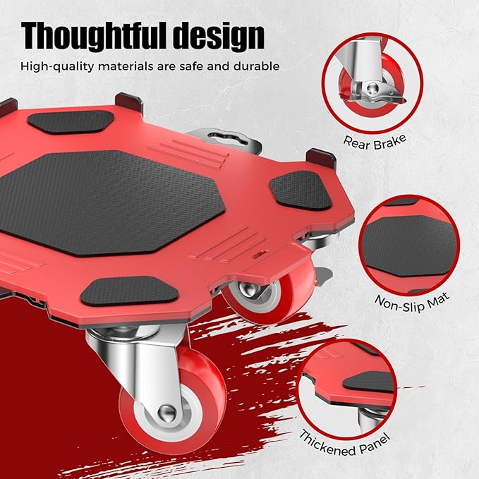 Upgraded Furniture Dolly Movers 5 Wheel Heavy Duty 3000LBS Capacity Carbon Steel Panel 360° Rotating Casters Furniture Slider for Sofa Refrigerator Piano (Red, 6in)