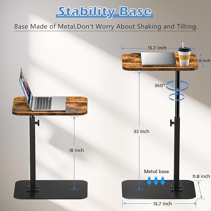 Side Table Sofa Tray for Couch Heavy Metal Base Swivel/Adjustable Height, Sofa Bed Bathroom Study TV Tray C Shaped End Table Food Snack Trays for Eating