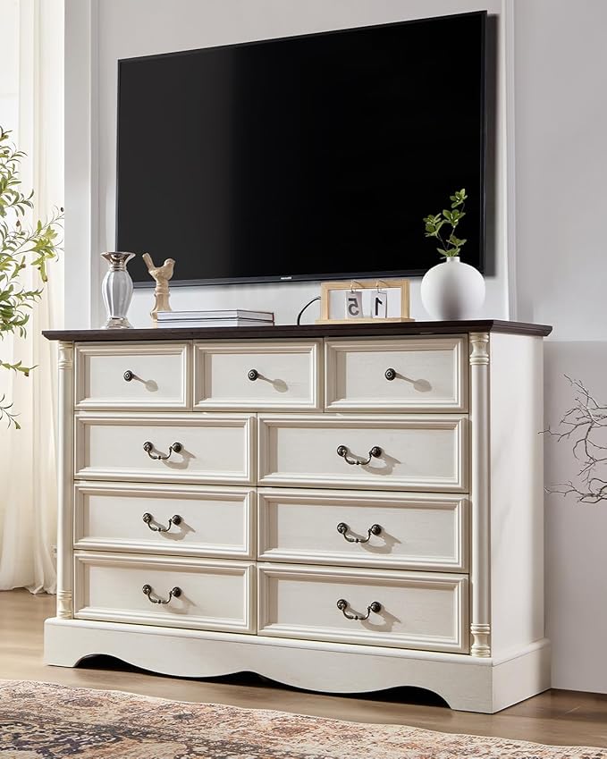 Farmhouse 9 Drawers Dresser for Bedroom with Charging Station, 54" Wide Wood Country Rustic Storage Dressers Organizer, Vintage Design Chest of Drawers TV Stand, Antique White