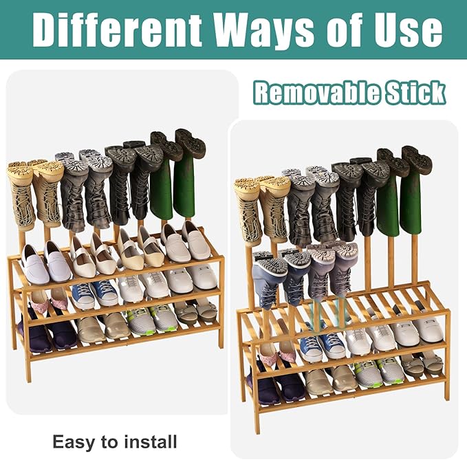 Boot Rack with Shoe Rack, Long Boot Rack Organizer Tall Boots for Closet, Bamboo Wood Shoe Shelf Storage Organizer for Entryway Small Space