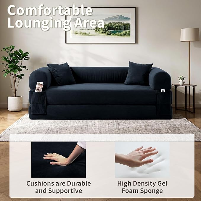 80" Convertible Sofa Bed, 3-in-1 Corduroy Folding Pull Out Couch with Pillows, No Assembly Modern Boneless Couch Compression Sofa in Box, Floor Sofa with Side Storage Pocket for Living Room,Navy Blue