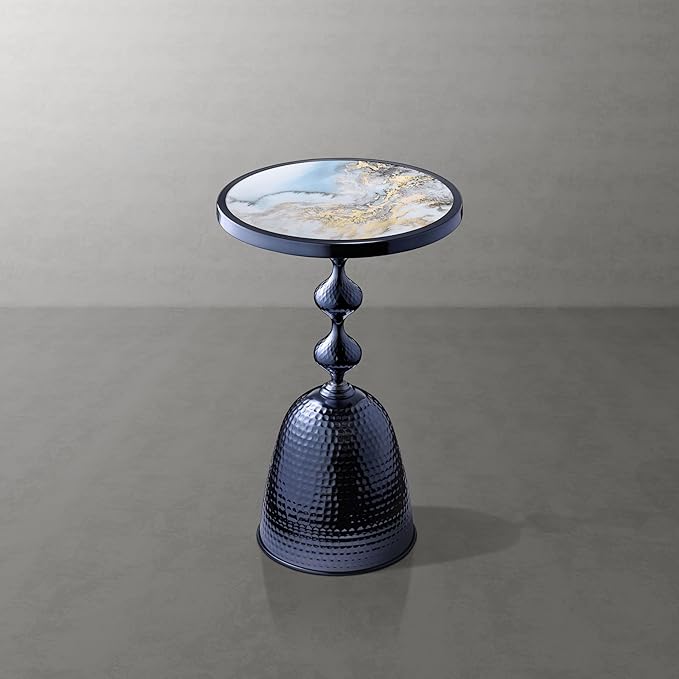 HOMES: Inside + Out Halric Modern 24" Tall Round End Table with Decorated Tabletop and Iron Metal Base, Accent Furniture, Elegant Pedestal Stand for Living Room, Home Office, Chrome Blue