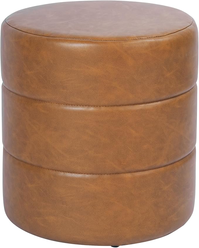 HomePop Upholstered Faux Leather Round Ottoman (No Lid, Seat Only) Home Décor | Round Pouf Foot Rest – Camel Brown Faux Leather