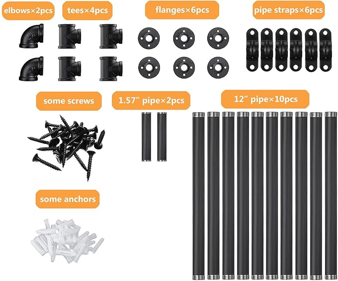 Industrial Pipe Shelf Brackets Wall Mount, Open Black Pipe Shelving for Kitchen,Floating Shelf Brackets Mount,Open Bookshelf Brackets for Shelves,Wall Shelves 12 Inch Deep,(2PcsX3Tier,32" Tall)