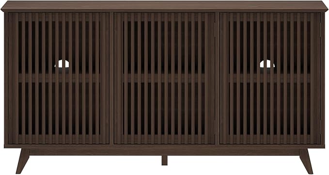 Plank+Beam Mid-Century Modern Wood TV Stand, Three Door Solid Wood Entertainment Console with Storage, 59" L x 16" W x 30" H, Walnut