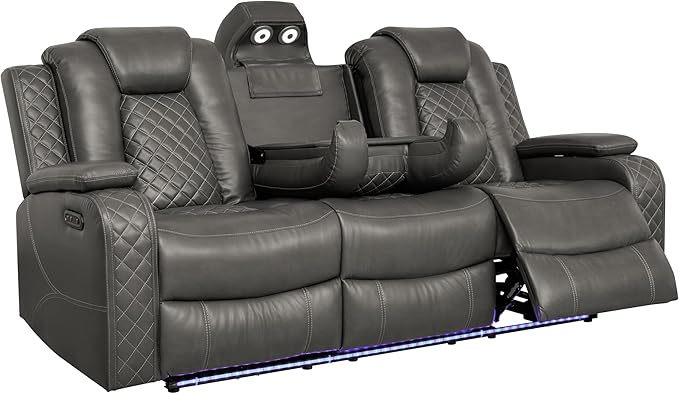 Ball & Cast Power Recliner Sofa Set Leather Reclining Sofa Set Living Room Furniture Set 3PCS Recliner Couch Loveseat & Chair Sets with Wireless Charging,Bluetooth Speaker,Cup Holders for Home Theater
