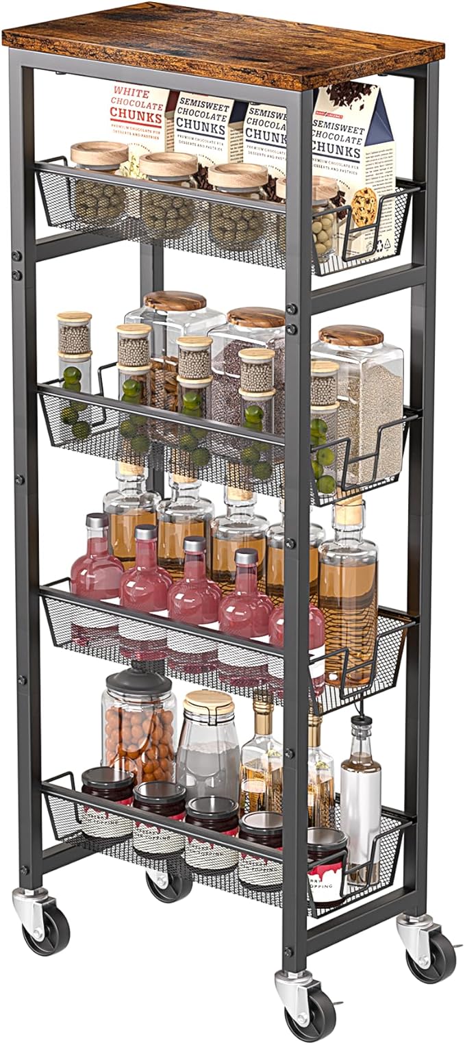 Slim Rolling Cart, 5-Tier Storage Cart, 9.1inch Narrow Kitchen Rolling Cart on Wheels for Small Space, Utility Cart Shelving Unit with Wooden Top and Metal Handle for Kitchen, Bathroom, Laundry Room