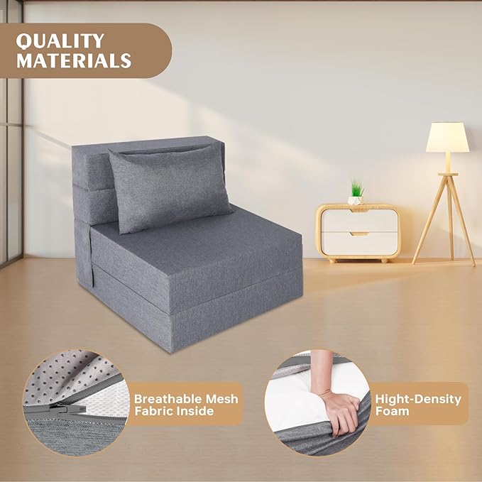 Folding Sofa Bed, Convertible Futon Sofa Bed with Pillow, Foldable Sleeper Chair with Washable Cover, Fold Out Couch for Guest Room, Living Room, Dorm, Single Size, Light Grey
