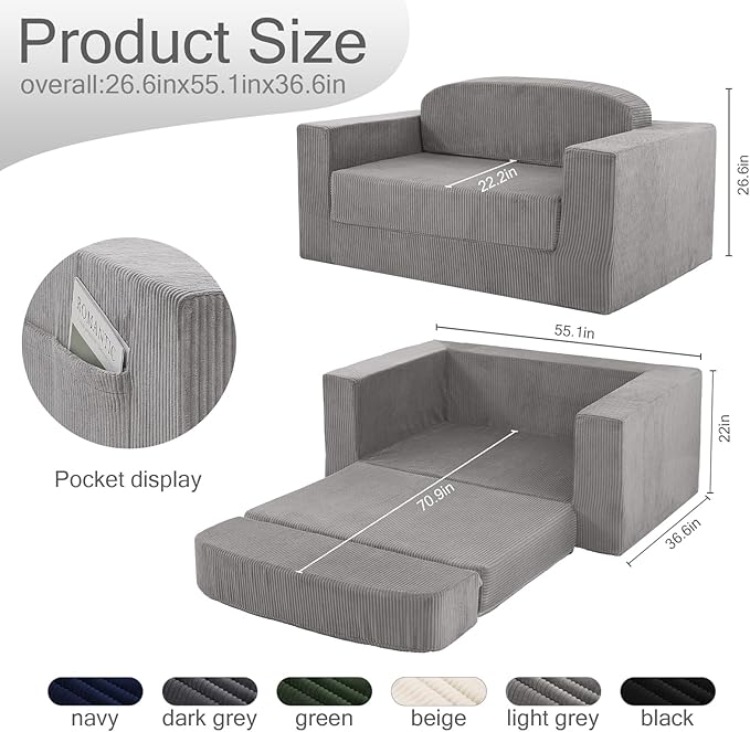 MeMoreCool Convertible Sofa Bed, Pull Out Loveseat Sleeper Sofa, Small Boneless Cloud Couch Bed for Adults, Fold Out Foam Love Seat Grey, Corduroy Folding Floor Couch for Bedroom