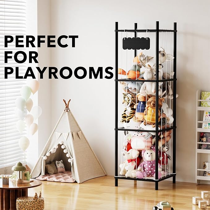 SpaceAid Stuffed Animal Storage Organizer, Wood Animals Zoo Toy Plushies Storage Holder, Large Capacity Plush Toy Cage for Playroom Organization, 15.8" Wide, Black