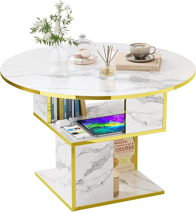 Elephance Round Coffee Table with Storage,3-Tier Coffee Table for Living Room,Wooden Tabletop-Marble White with Gold Frame