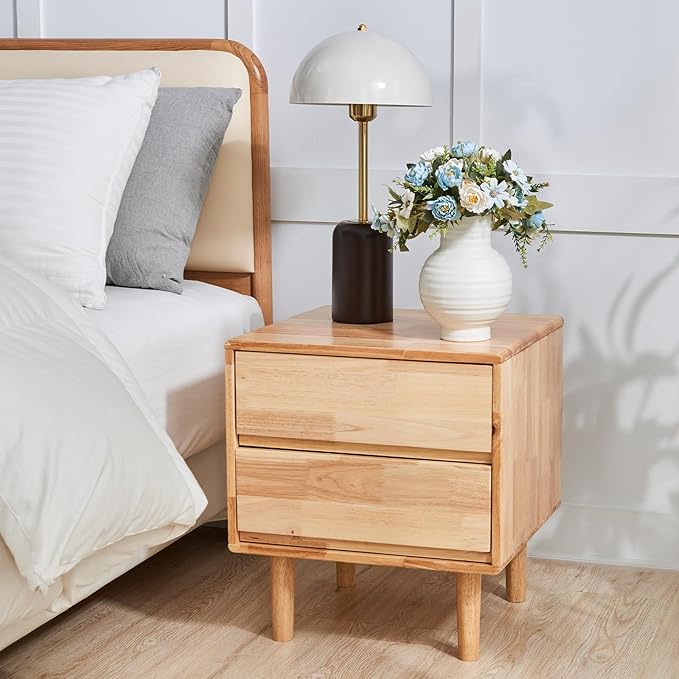 Uniclinens Nightstand with 2 Drawers Storage, 19" Modern Solid Rubberwood Bedside Table for Bedroom, Sofa Side Table End Tables Living Room, Natural