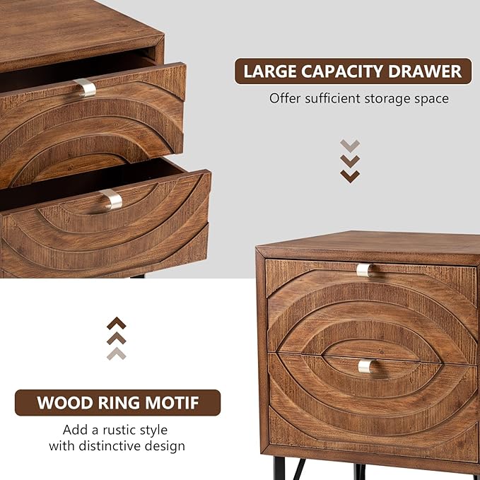 COSIEST Vintage Nightstand with 2 Storage Drawers, Rustic End Table for Bedroom and Living Room, Easy to Assemble Accent Table (Brown, Circle Pattern)