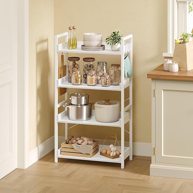 Rolanstar Bookshelf 4 Tier with 4 Hooks, Industrial Bookcase, Vintage Storage Rack with Open Shelves, Rustic Standing Bookshelves Metal Frame Display Rack for Living Room, Bedroom, White