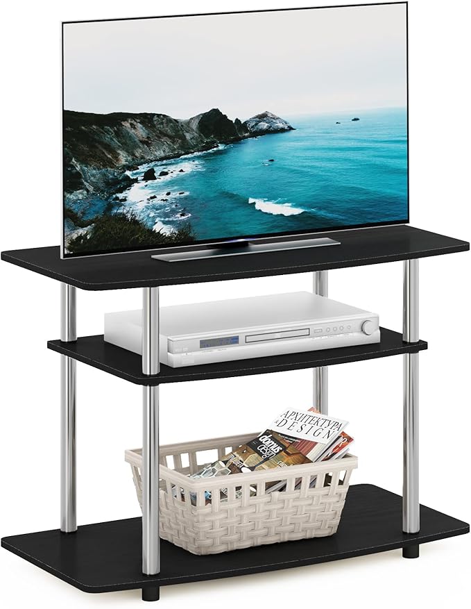 Furinno Turn-N-Tube No Tools 3-Tier Entertainment Center TV Stand for TV up to 32 Inch, Stainless Steel Tubes, Americano/Chrome