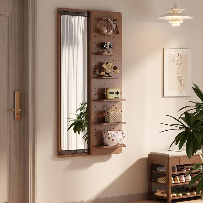 KungFuWood Full Length Mirror with Shelf and Hooks,Entry Way Mirrors for Wall,Wall Mirror with Shelf,Wall Mirror with Storage Multifunctional Design Panel,Living Room