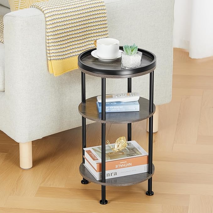 Small Round Side Table for Small Spaces, 3-Tier Round Accent Table Slim Side Table, Modern Sofa Corner Table for Living Room Nightstand Bedroom (Grey)