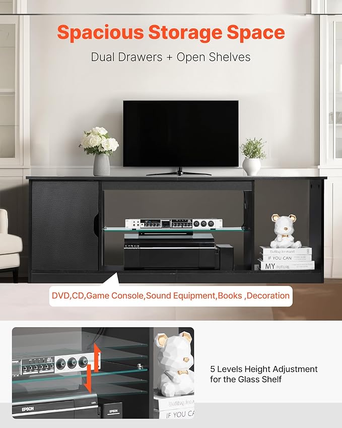 VEVOR TV Stand for TVs up to 65 inch, Modern Entertainment Center with Light Strip, Wooden TV Cabinet Storage with Glass Shelf and Adjustable Shelves, Console Table for Living Room and Bedroom, Black