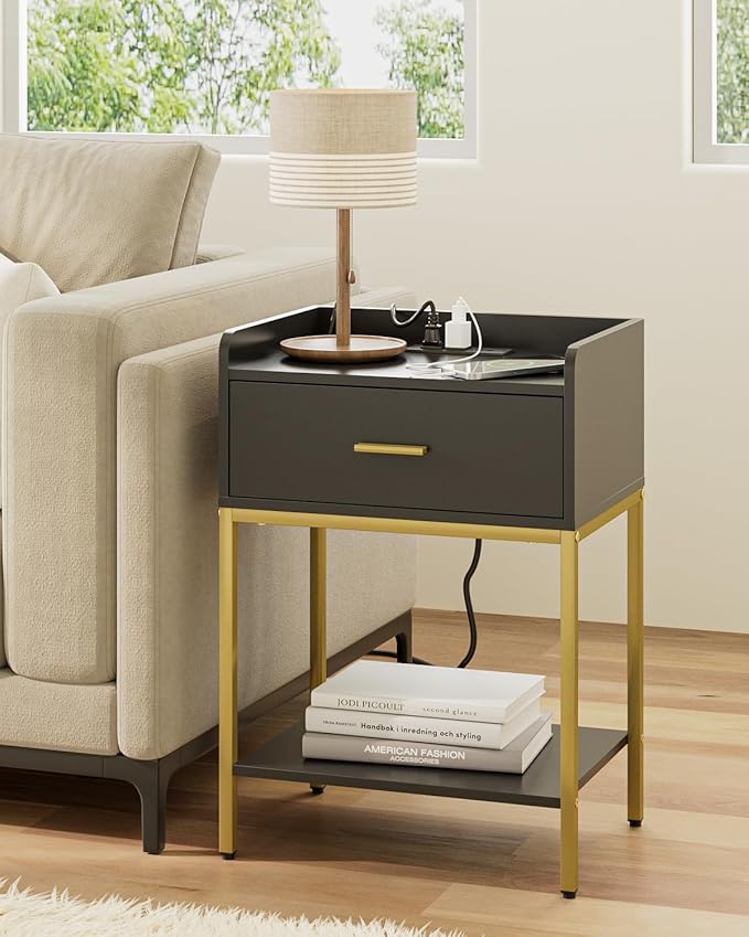 Nightstand with Charging Station,3-Tier Bedside Table for Small Space,Modern Night Stand with Storage Drawer and Shelf,Small Side Table for Bedroom,Living Room,Black
