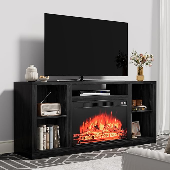 YESHOMY Electric Fireplace TV Stand for Televisions up to 65+ Inch, Media Entertainment Center Console Table with Four Open Storage Shelves & Cabinets, 58 Inch, Dark Black