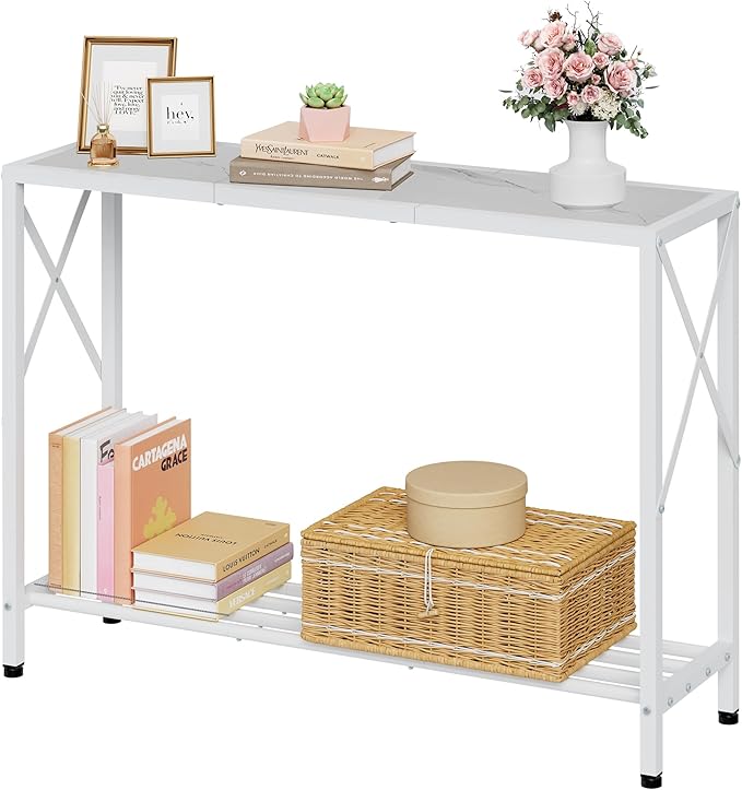 Tajsoon Console Table 41.8”, 2-Tier Entryway Table Narrow Sofa Table with Shelves, Entrance Table with Stable X-Frame, for Entryway, Hallway, Living Room, Foyer, Corridor, Office, White