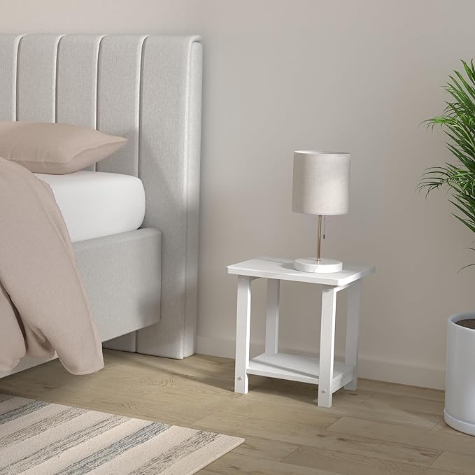 LUE BONA Adirondack Outdoor Side Table, 2-Tier White HDPS Patio End Table Weather Resistant, Morden Side Table for Patio, Pool, Porch