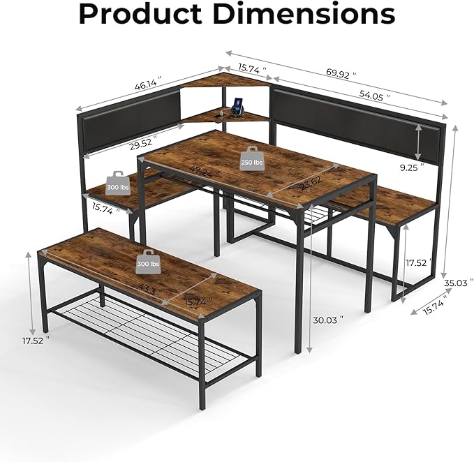 Corner Dining Table Set for 4-6, Breakfast Nook Table Set with Charging Port, Corner Kitchen Table with Storage & Bench, Farmhouse Corner Dining Table Set for Dining Room, Kitchen - Brown
