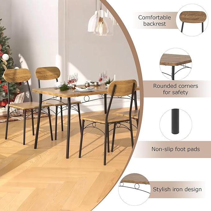 VECELO Kitchen Table Chairs Set for 4, 5 Piece Wood Dining Room Table with 4 Chairs, Perfect for Small Spaces, Compact Kitchen, Breakfast Nook, Brown