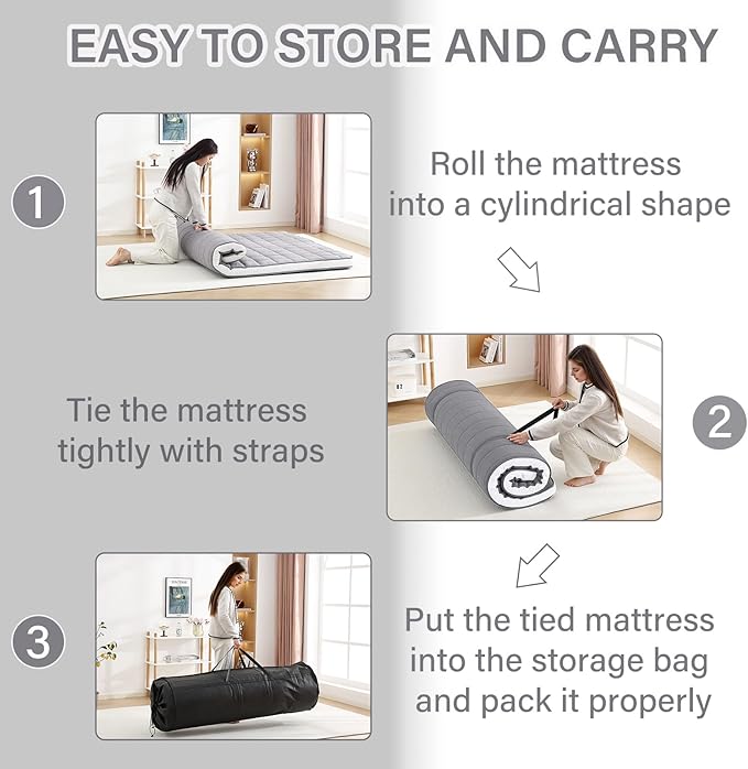 Welnow Japanese Futon Floor Mattress, Twin Size Thick Tatami Mat Portable & Foldable Roll Up Floor Bed Mattress with Storage Bag, Sleeping Pad for Adults, Dorm, Guest Bed, Camping and Travel, Grey