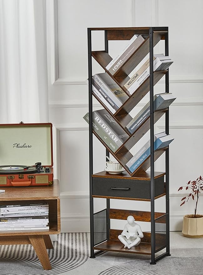 Bookshelf with Drawer,10 Tier Tree Bookcase Retro Floor Standing Bookshelves,Tall Wood Bookcases with Cabinet Storage Organizer for Living Room, Bedroom & Home Office, Classic