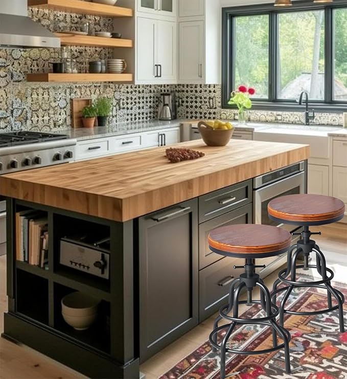 Diwhy Industrial Vintage Counter Stool, Kitchen Counter Height Adjustable Swivel Chair, Metal Frame Stool, 20.47-26.77 Inch, Fully Welded Base, Set of 2
