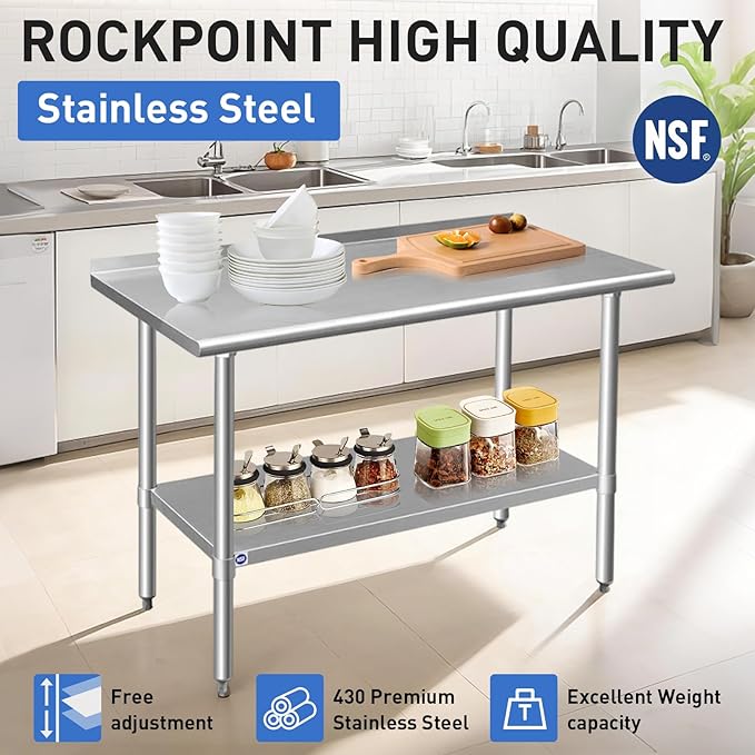 ROCKPOINT Stainless Steel Prep & Work with Backsplash 30x30 Inches, NSF Metal Commercial Kitchen Heavy Duty Table with Undershelf for Restaurant, Home and Hotel